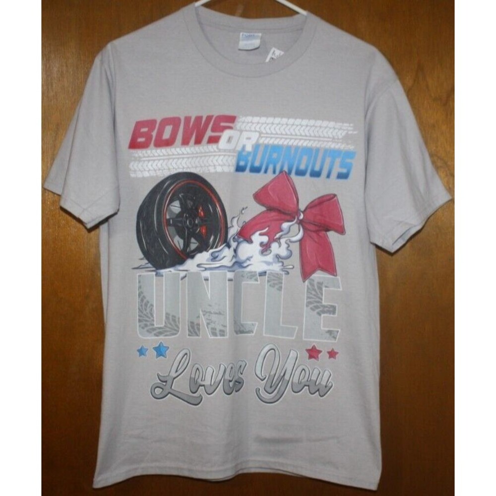 Mens Funny Graphic T-Shirt Gray SS Sz M Bows Or Burnouts Ateisure Cotton Men NWT